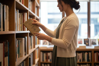 Woman browsing bookshelves in a cozy library, reaching for a book while a delicate silver cuff bracelet encircles her wrist and complements her light cardigan | Oria Jewel
