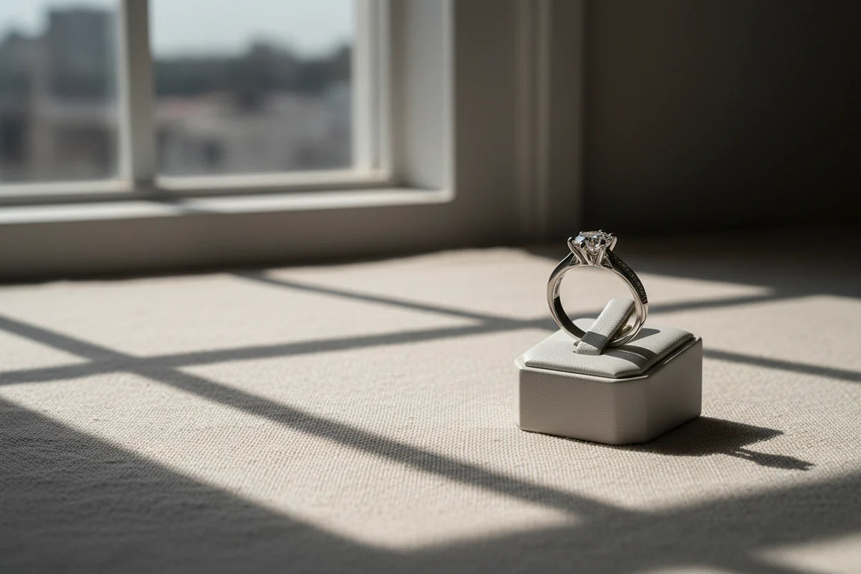 Minimal lifestyle scene of a silver cz solitaire ring displayed upright in a gray ring box near a window, with natural sunlight casting clean grid shadows across the surface | OriaJewel