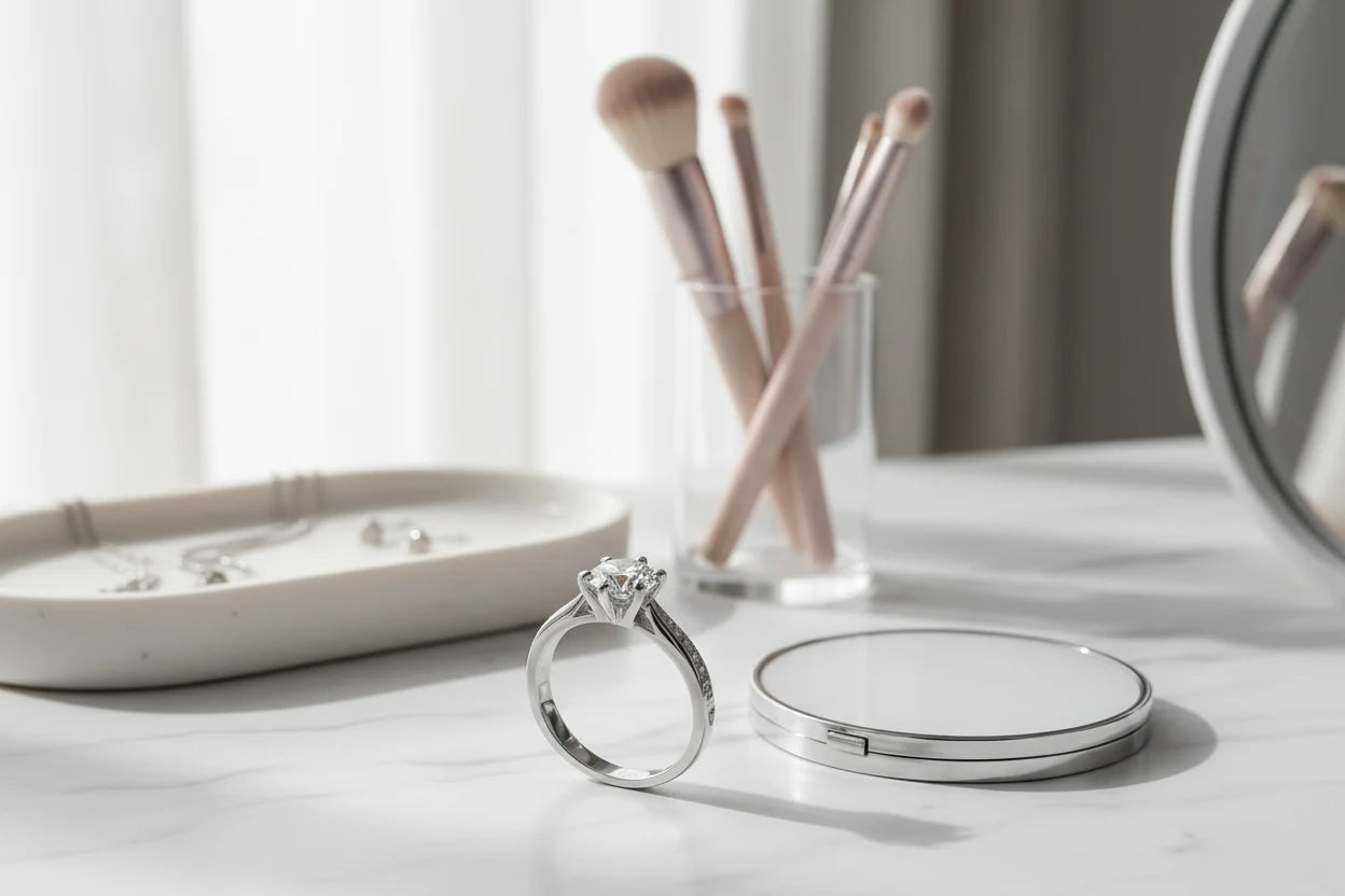 Bright vanity countertop setup showing a silver cz solitaire ring standing near makeup brushes, a compact mirror, and a jewelry tray on a clean marble surface in soft daylight | OriaJewel
