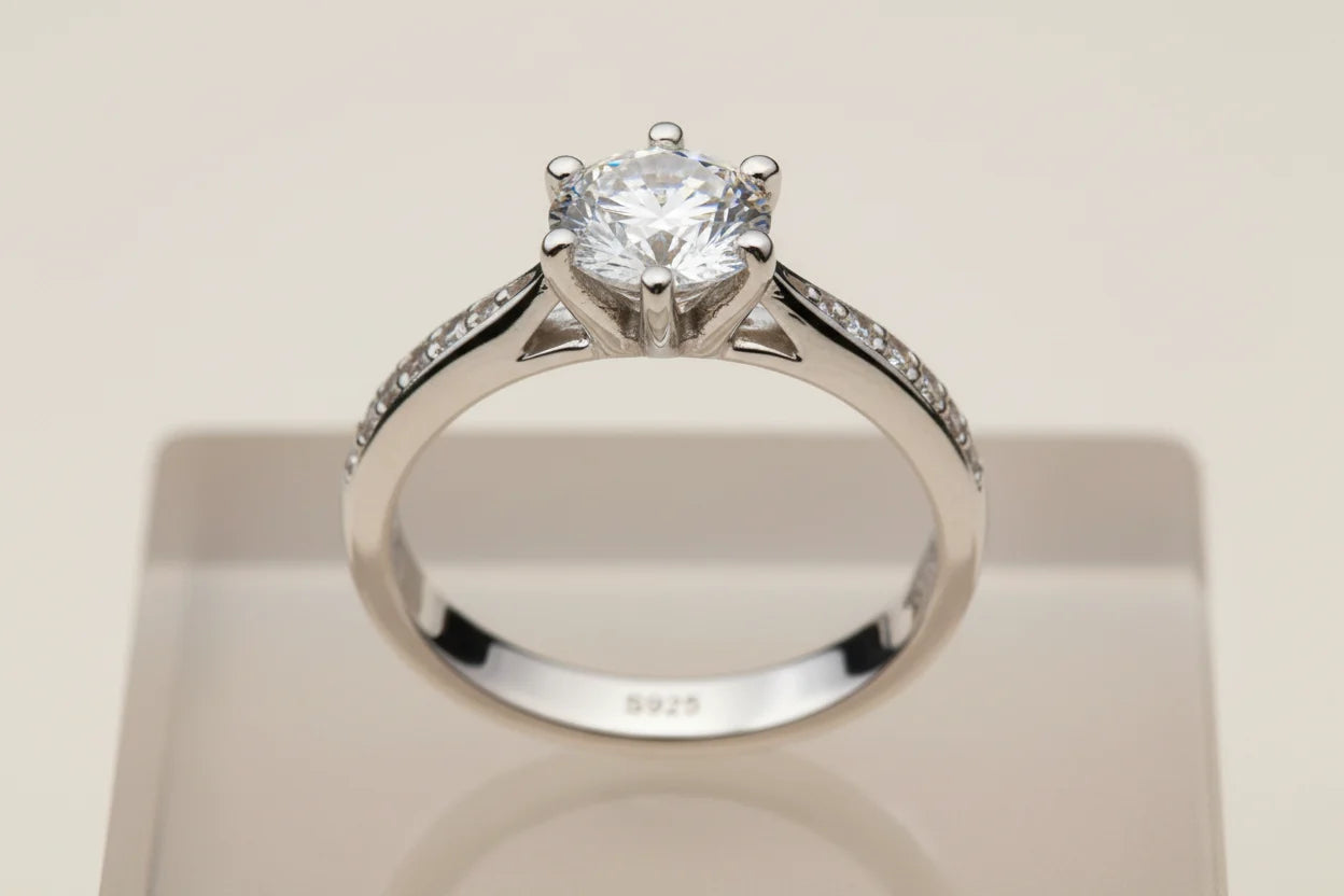 Macro front view of a silver cz solitaire ring on a clear acrylic display block, highlighting the round CZ centerpiece, pavé side stones, and the 925 marking inside the band | OriaJewel