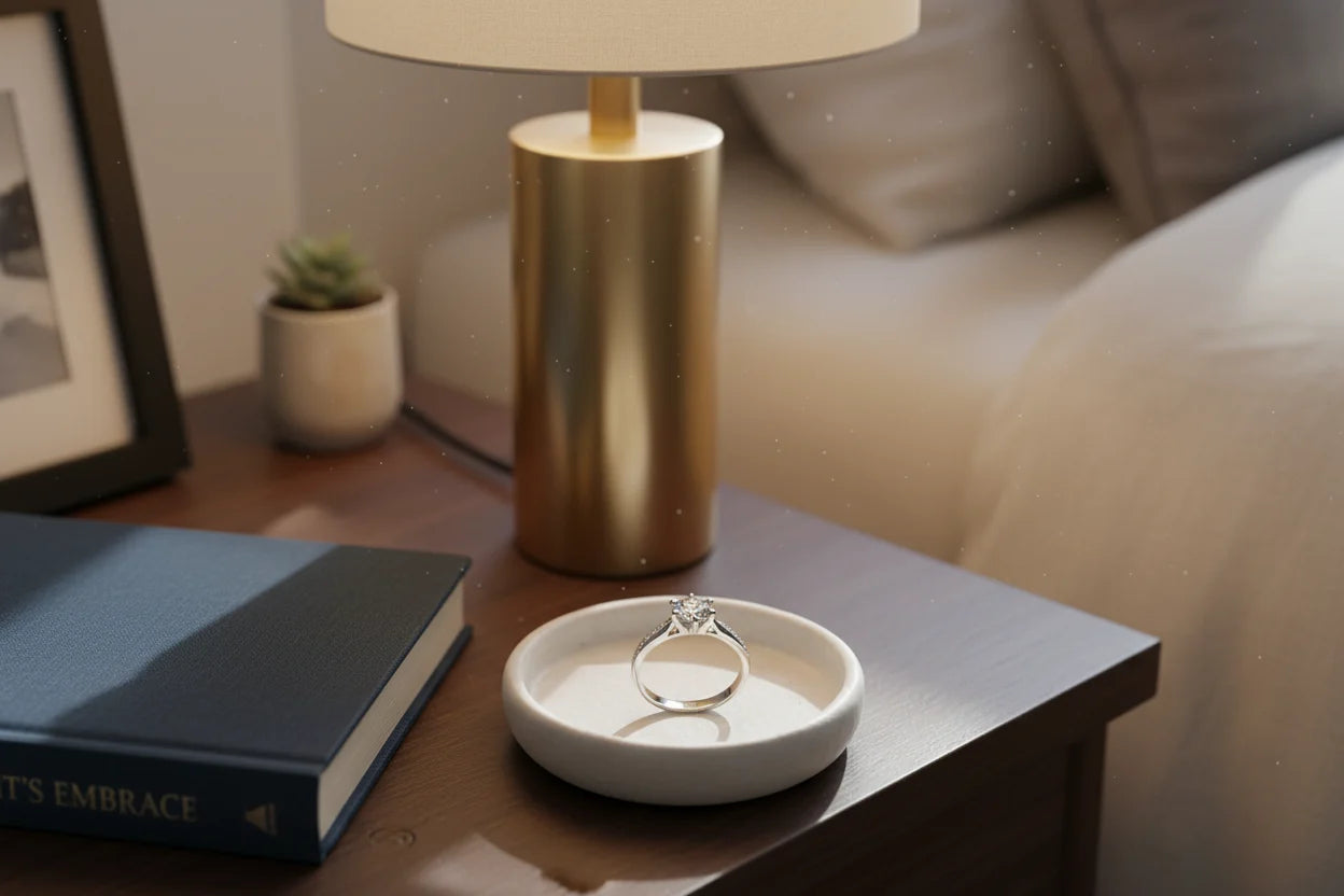 Cozy bedside styling with a silver cz solitaire ring placed in a shallow ceramic dish on a wooden nightstand, next to a book and warm table lamp glow in the background | OriaJewel