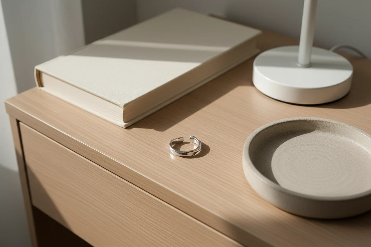 Silver wave ring resting on a light wooden bedside table beside a neutral book, white lamp base, and ceramic tray, with warm sunlight and soft shadows | OriaJewel