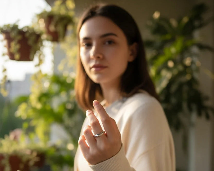 Lifestyle shot of a woman holding her hand forward while wearing a silver wave ring, soft golden-hour light with leafy balcony background and natural bokeh | OriaJewel