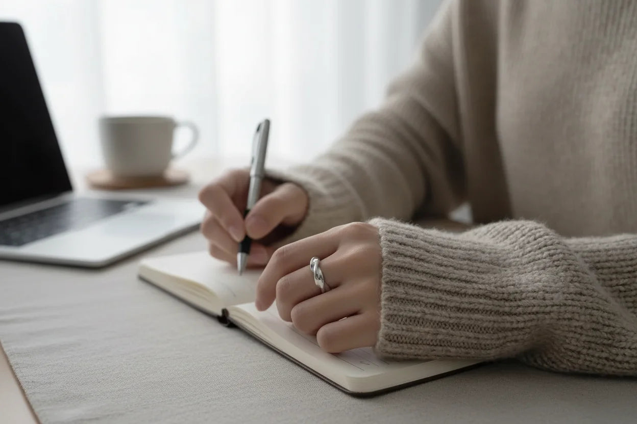 Minimal home-office close-up of a hand writing in a notebook while wearing a silver wave ring, laptop and coffee cup softly blurred under diffused daylight | OriaJewel