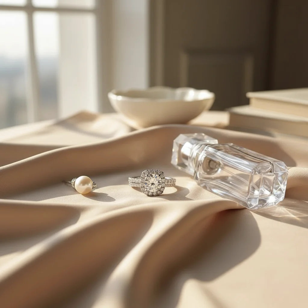 Soft Shine Halo Ring styled on soft beige fabric beside a clear perfume bottle and minimal accessories, elegant flat-lay capturing the halo shine and pavé band details | OriaJewel