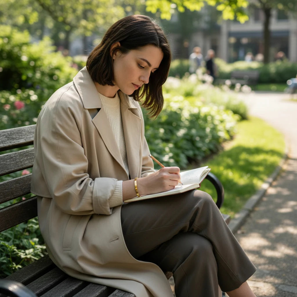 Woman sitting on a park bench journaling in soft morning light, wearing a gold star cuff bracelet that adds a subtle shine to her neutral trench coat outfit | Oria Jewel