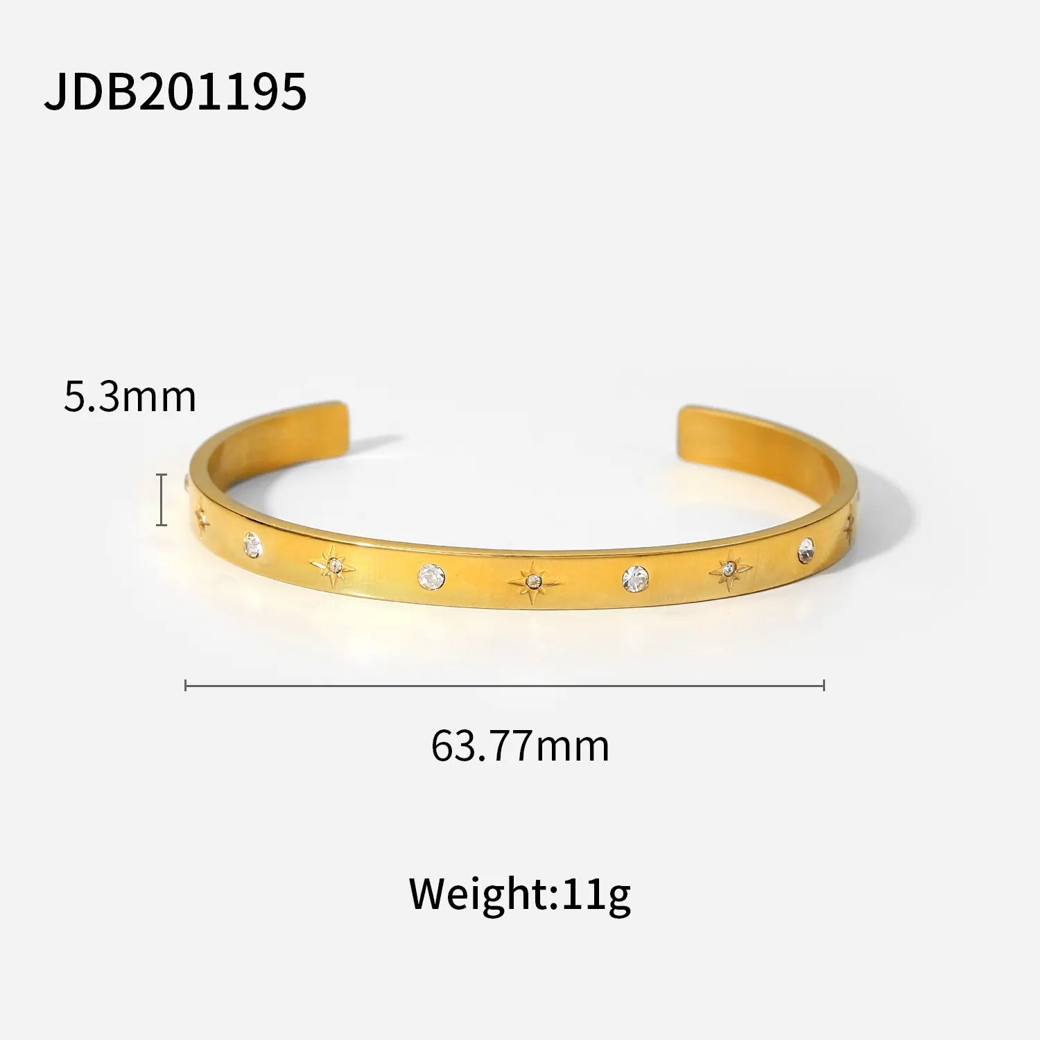 Size reference image of a gold star cuff bracelet on a white background, showing 5.3 mm band width, 63.77 mm inner diameter and 11 g weight for an accurate fit guide | Oria Jewel