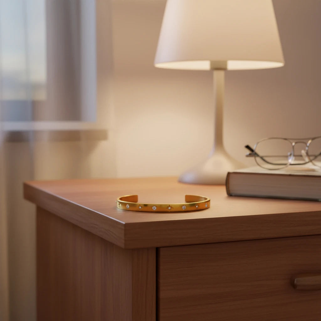 Gold star cuff bracelet resting on a wooden bedside table beside a lamp, book and glasses, styled as a favorite nightstand accessory ready for everyday wear | Oria Jewel