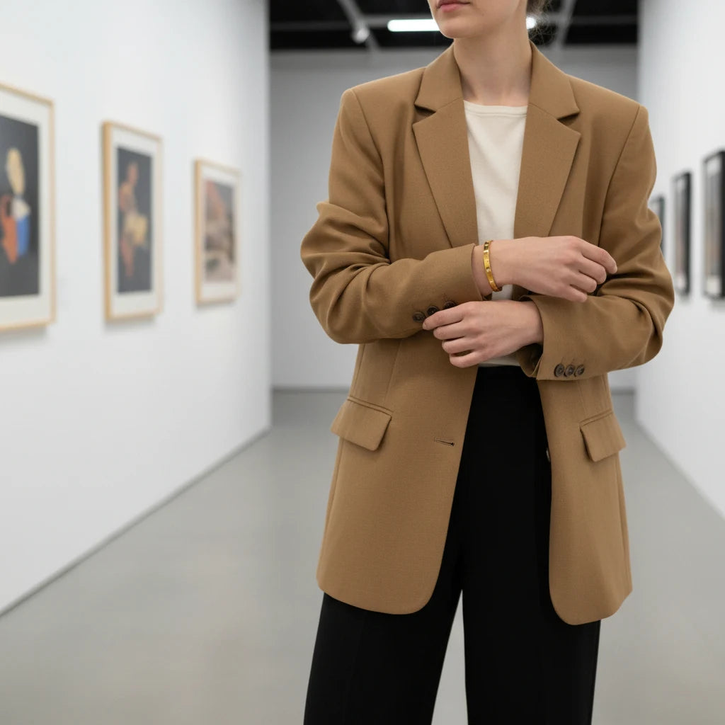 Woman in a camel blazer and black trousers standing in a modern art gallery, with a gold star cuff bracelet adding a refined, celestial accent to her minimalist outfit | Oria Jewel