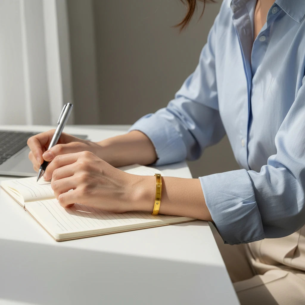 Woman in a light blue shirt writing in a notebook at a white desk, wearing a gold statement cuff bracelet that adds a polished touch to her work outfit | Oria Jewel