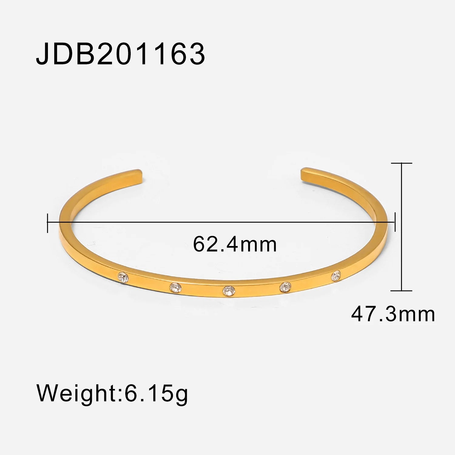 Product diagram of a thin gold cuff bracelet on a white background showing inner diameter 62.4 mm, height 47.3 mm and weight 6.15 g for precise sizing details | Oria Jewel